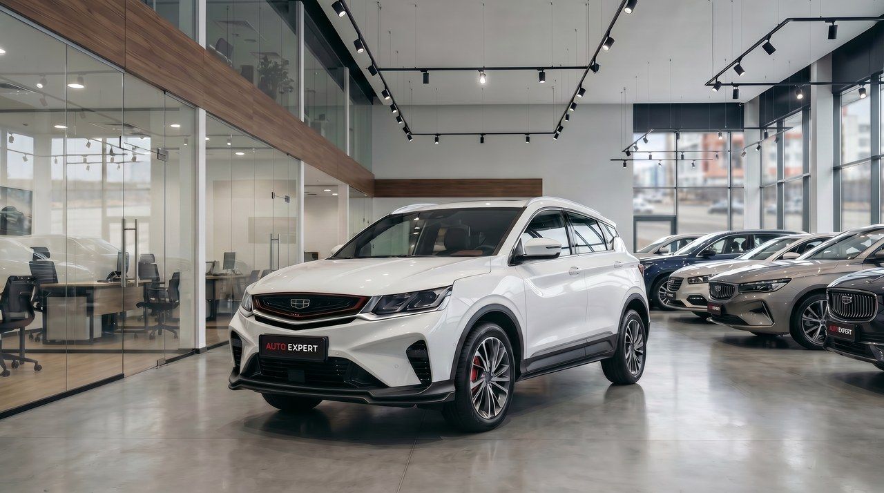Car against a dealership showroom background for a sale listing