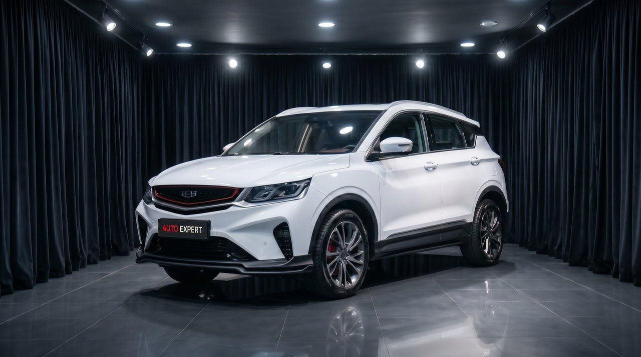 A car on a dark podium