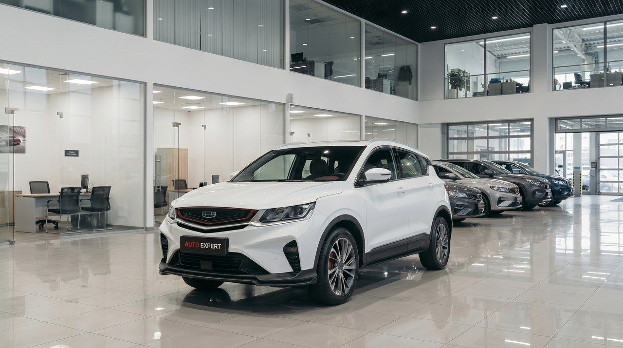 A car in a large showroom