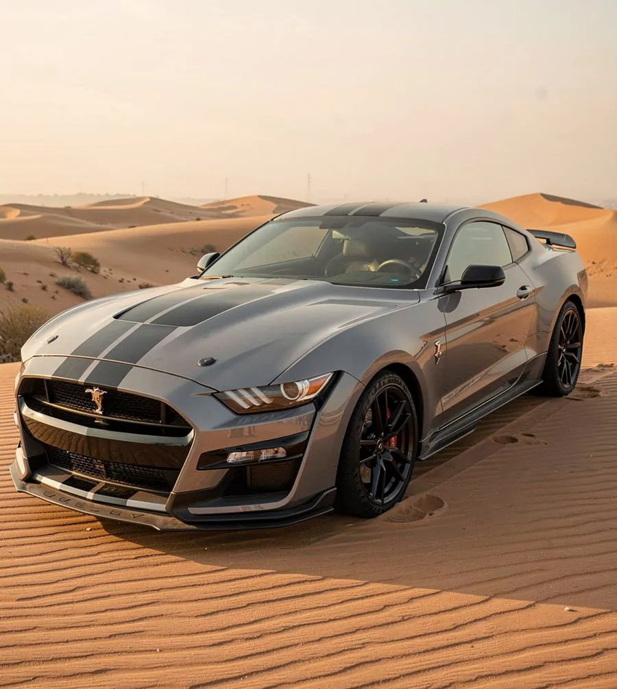 A Ford Mustang Shelby in the desert — the original body condition is visible as-is